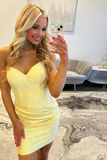 Sparkly Yellow Strapless Ruched Bodycon Short Homecoming Dress with Beading