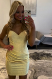 Sparkly Yellow Strapless Ruched Bodycon Short Homecoming Dress with Beading