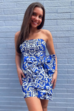 Blue Floral Strapless Tight Homecoming Dress with Bow