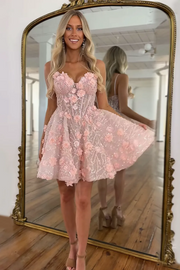 Pink Appliqued Sequins Homecoming Dress with 3D Flowers