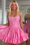 Beaded Pink Ruffled Strapless A Line Homecoming Dress