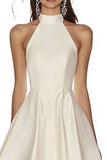 High Neck A Line Ivory Satin Wedding Dress