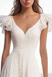 A Line Ivory Long Engagement Dress with Ruffle Sleeves