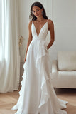 Ivory V-Neck A Line Wedding Dress with Ruffles