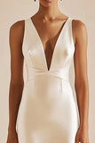 Ivory Satin V-Neck Midi Engagement Dress