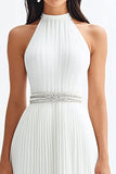 Ivory A Line High Neck Long Engagement Dress with Belt
