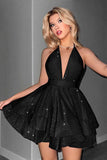 Halter Glitter Black A Line Homecoming Dress