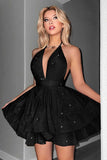 Halter Glitter Black A Line Homecoming Dress