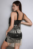 Halter Black Silver Sheath Fringed Cocktail Dress