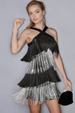 Halter Black Silver Sheath Fringed Cocktail Dress