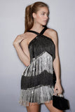 Halter Black Silver Sheath Fringed Cocktail Dress