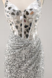 Silver Sequin Corset Homecoming Dress with Mirrors