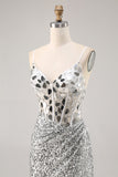 Silver Sequin Corset Homecoming Dress with Mirrors