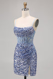 Sparkly Grey Blue Corset Homecoming Dress with Slit