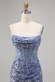 Sparkly Grey Blue Corset Homecoming Dress with Slit