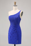 One Shoulder Royal Blue Beaded Homecoming Dress