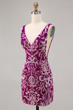 Fuchsia V-Neck Sequin Tight Homecoming Dress