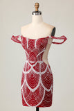 Off The Shoulder Sequin Tight Red Homecoming Dress