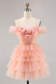 Cute Cold Shoulder Tiered Blush Homecoming Dress with 3D Flowers