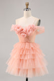 Cute Cold Shoulder Tiered Blush Homecoming Dress with 3D Flowers