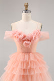 Cute Cold Shoulder Tiered Blush Homecoming Dress with 3D Flowers
