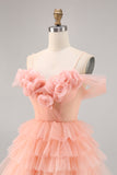 Cute Cold Shoulder Tiered Blush Homecoming Dress with 3D Flowers