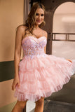 Corset A-Line Pink Tiered Ruffle Homecoming Dress With Appliques