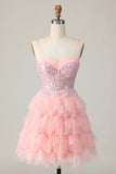 Cute Tiered Pink Homecoming Dress with Appliques