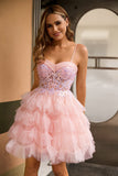 Corset A-Line Pink Tiered Ruffle Homecoming Dress With Appliques