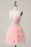 Cute Tiered Pink Homecoming Dress with Appliques