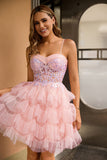 Corset A-Line Pink Tiered Ruffle Homecoming Dress With Appliques