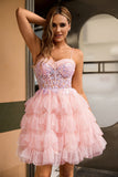 Corset A-Line Pink Tiered Ruffle Homecoming Dress With Appliques