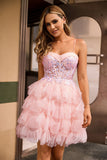 Corset A-Line Pink Tiered Ruffle Homecoming Dress With Appliques