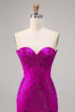 Strapless Fuchsia Beaded Bodycon Homecoming Dress