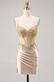 Champagne Satin Corset Homecoming Dress with Sequins
