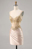 Champagne Satin Corset Homecoming Dress with Sequins