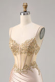 Champagne Satin Corset Homecoming Dress with Sequins
