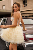 A-Line Corset Apricot Appliqued Tiered Ruffle Homecoming Dress