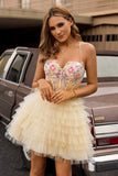 A-Line Corset Apricot Appliqued Tiered Ruffle Homecoming Dress