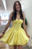 Strapless Yellow Satin A Line Corset Short Homecoming Dress