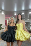 Strapless Yellow Satin A Line Corset Short Homecoming Dress