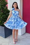 Blue Floral A Line One Shoulder Short Ruffled Homecoming Dress
