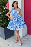 Blue Floral A Line One Shoulder Short Ruffled Homecoming Dress