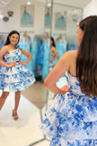 Blue Floral A Line One Shoulder Short Ruffled Homecoming Dress