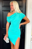 One Shoulder Peacock Blue Satin Short Tight Homecoming Dress
