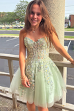 Strapless Sage Appliqued Corset A Line Homecoming Dress