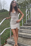 Apricot Beaded Tight Short Homecoming Dress with Slit