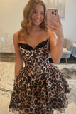 Brown Tiered A Line Cheetah Print Corset Midi Homecoming Dress