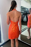 Halter Orange Sequins Tight Short Homecoming Dress