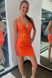 Halter Orange Sequins Tight Short Homecoming Dress